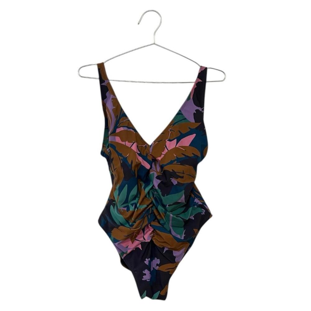 SHADE & SHORE One-Piece Swimsuit Floral Plunge V-Neck Ruched Women's Size Large